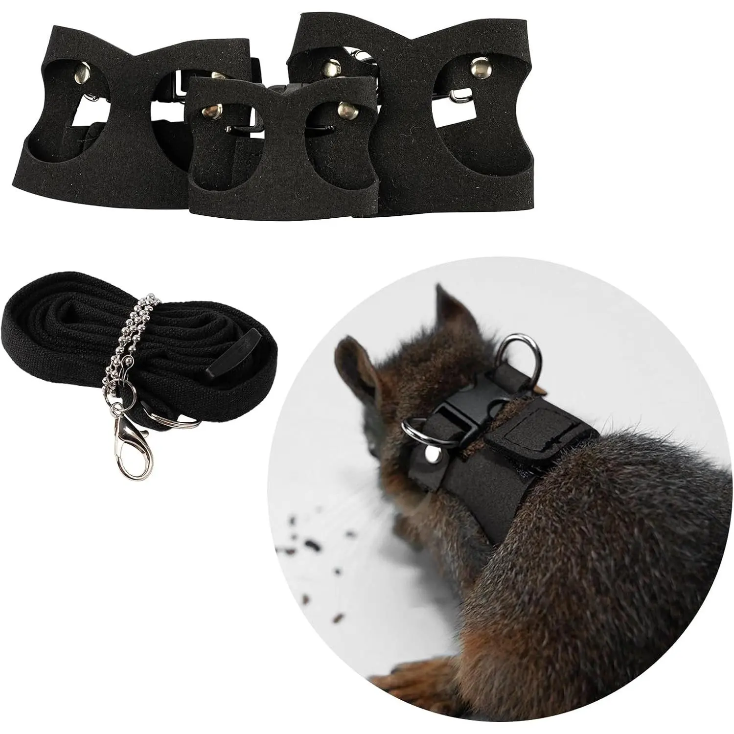 3Pcs Adjustable Small Animal Size Vest-Shape Rat Harness & Leash Set, Easy Setup Training Walking Traction Rope for Squirrel Gerbil Chinchilla (Black)