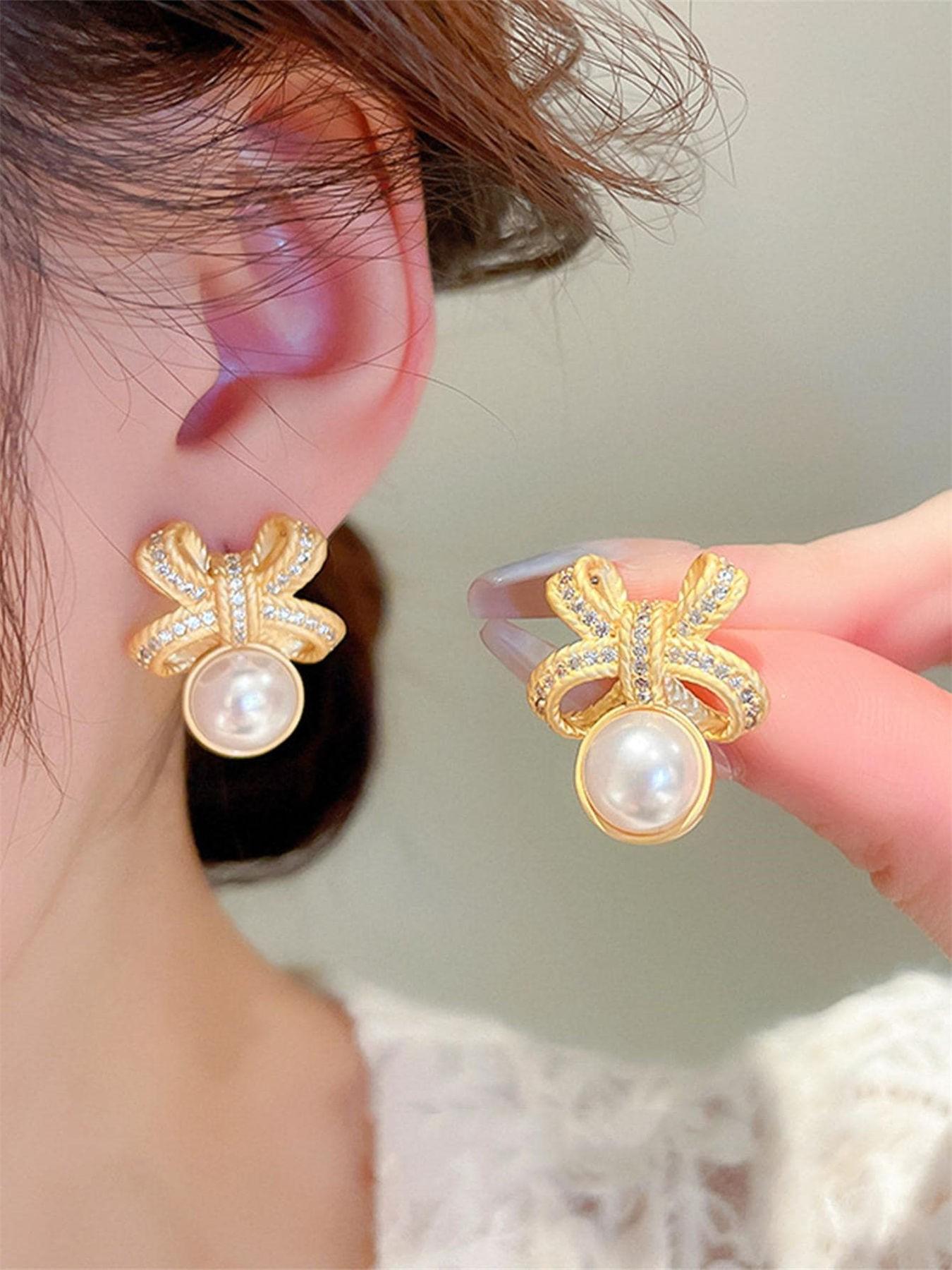 Summer Faux Pearl & Rhinestone Decor Bow Design Dangle High Quality Earrings, Elegant Jewelry for Women for Party, Daily Clothing Decor, Trendy Jewelry As Gift
