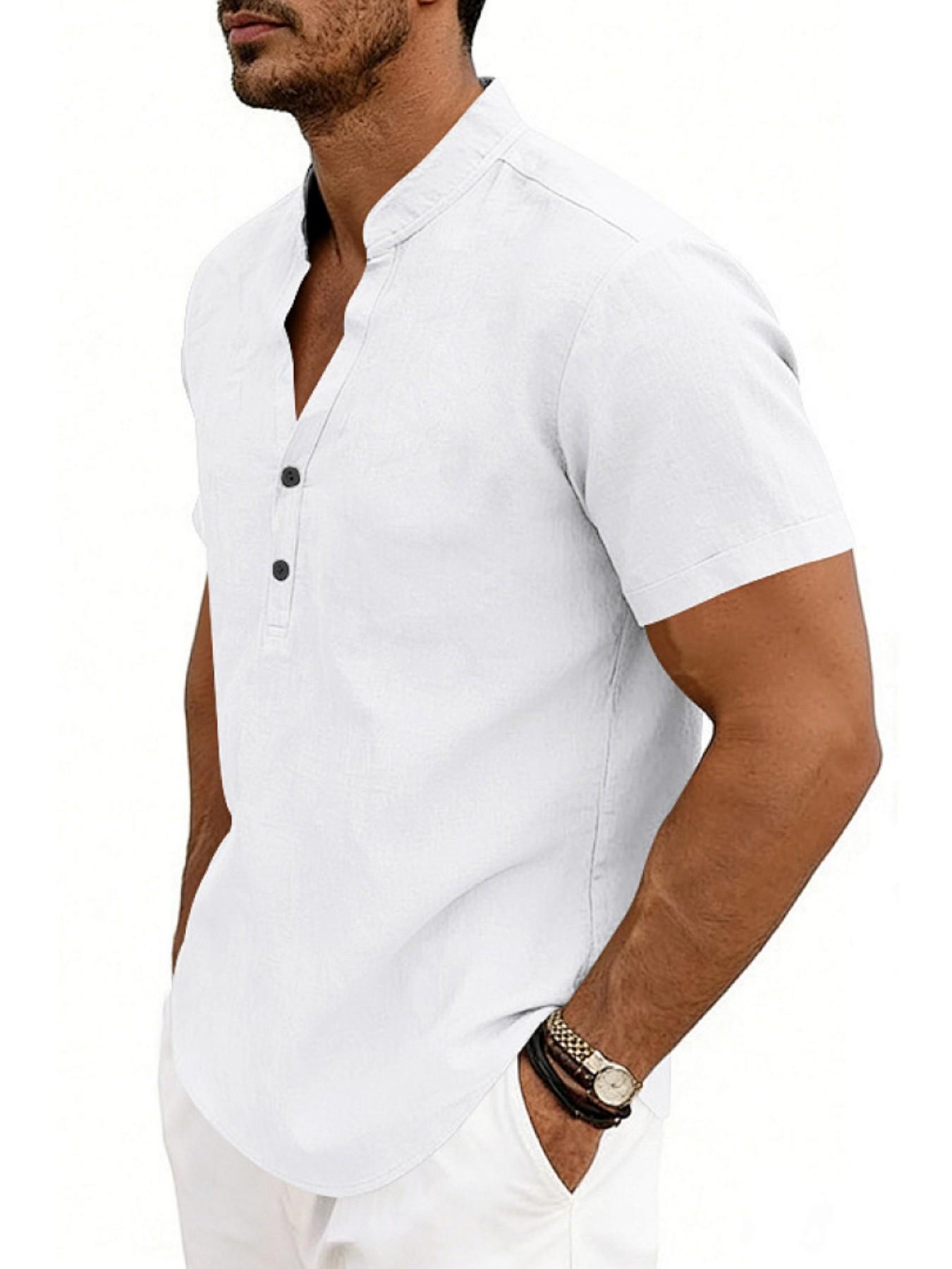 Men's Summer Loose Fit Linen Casual Breathable Henry V Neck Short Sleeve Shirt, Cross-Border American Style Commuter Top