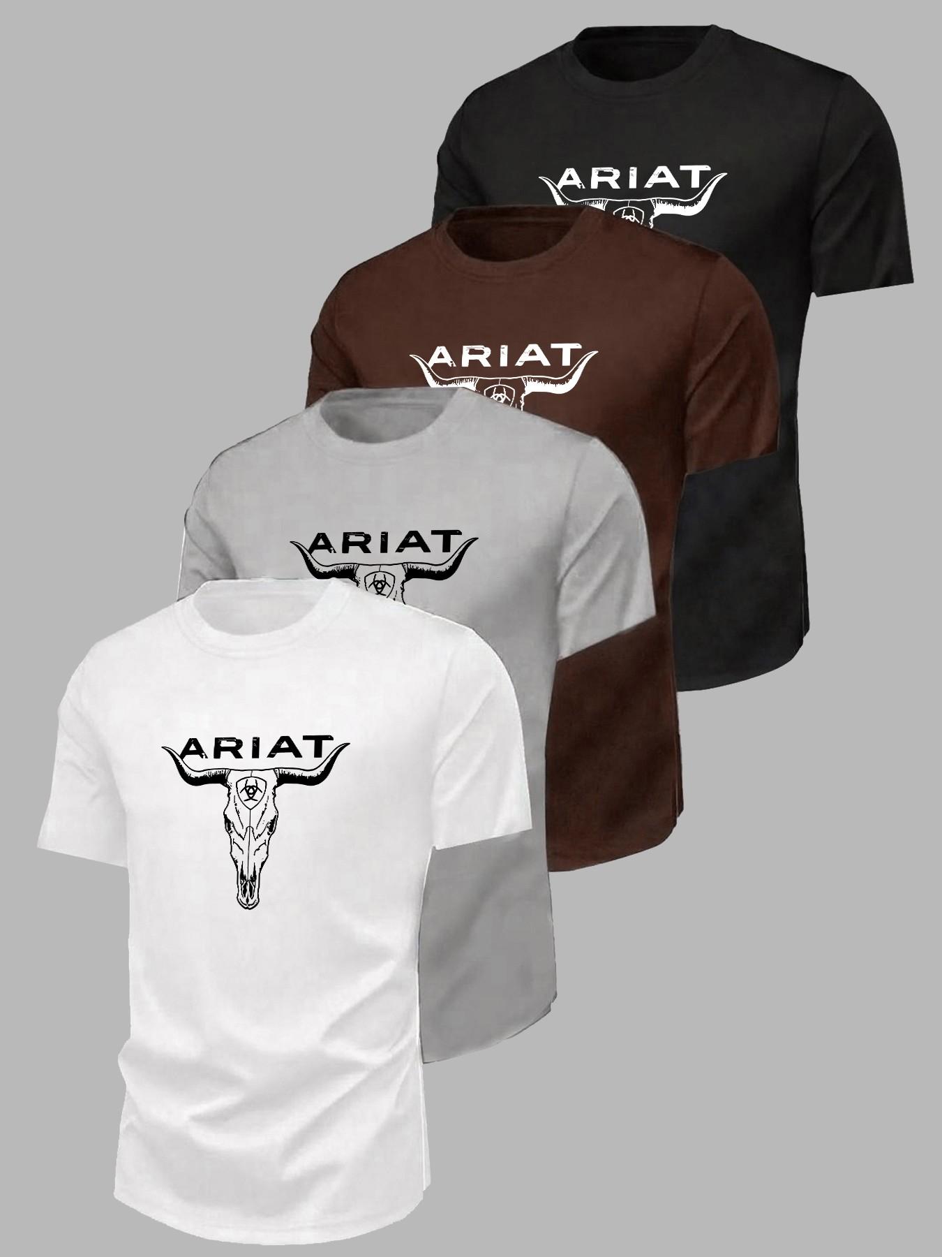 Street Style Cool Streetwear T-Shirt Set, Western Bull Head Print, Slim Fit, Casual Short Sleeve, Unisex, All Seasons, 4 Pieces