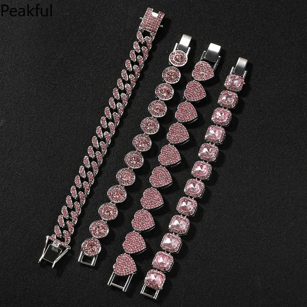 Cool Chic Pink CZ Geometric Heart Bracelet, Alloy Gold Chain Hand Jewelry for Women, Hip Hop Statement Cute Bracelet, Versatile Stackable Accessory for Commute & Night Out