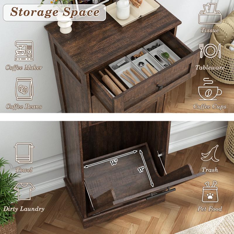 Trash Can Cabinet, 10 Gallons / 20 Gallons Farmhouse Hidden Wood Garbage Can Bin Cabinet with Drawers, Tilt Out Laundry Hamper with Laundry Storage Basket for Bathroom, Kitchen, Brown/Antique White