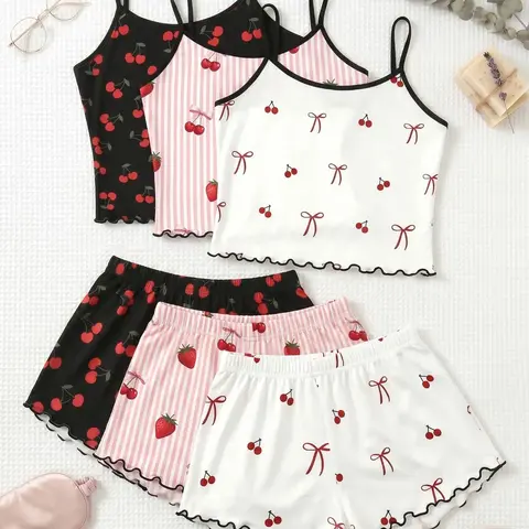 3-Piece Pajama Set, Bow Cherry Print Sleeveless Tank Top & Shorts, Trim Ruffle Design, Sweet Cool Cute Girl Style, Breathable Home Sleepwear