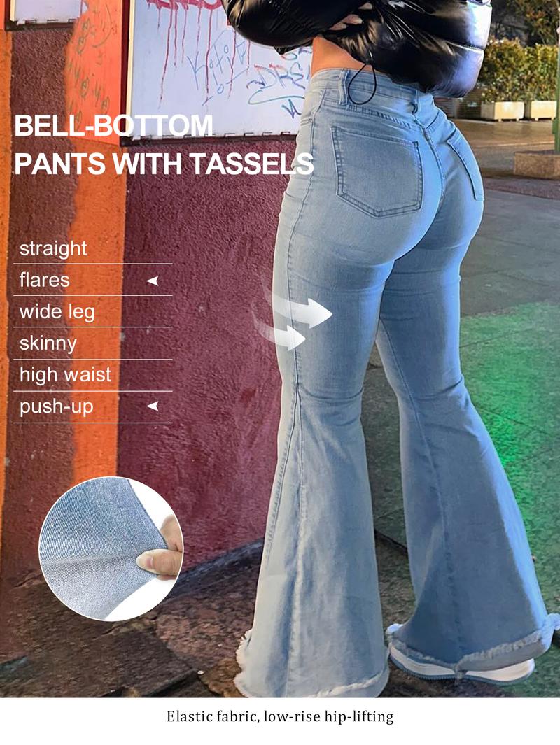 Women's Bell Bottom Flare Jeans Mid Rise Denim Pants Destroyed Raw Hem Denim Pants
