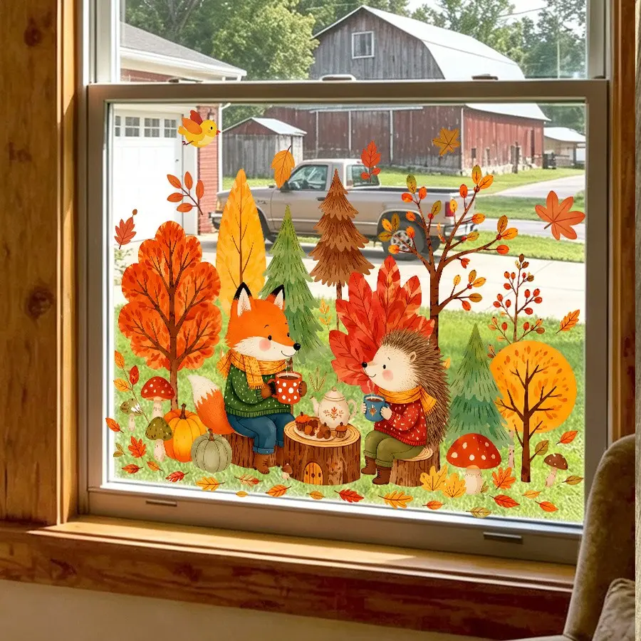 Autumn Window Sticker, Cute Fox and Hedgehog Tea Party, Home Decor, Thanksgiving Display, Reusable PVC, Static Adhesive, Removable Window Decal