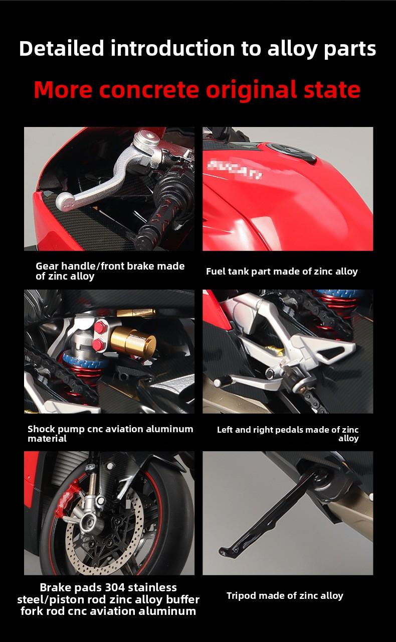 Dynamic alloy motorcycle model, 1:7 Scale ultra-light all-carbon V4, featuring realistic sound and light effects + key start, mechanical linkage design, water spray effect, abundant alloy material construction, suitable for both collection and playing.