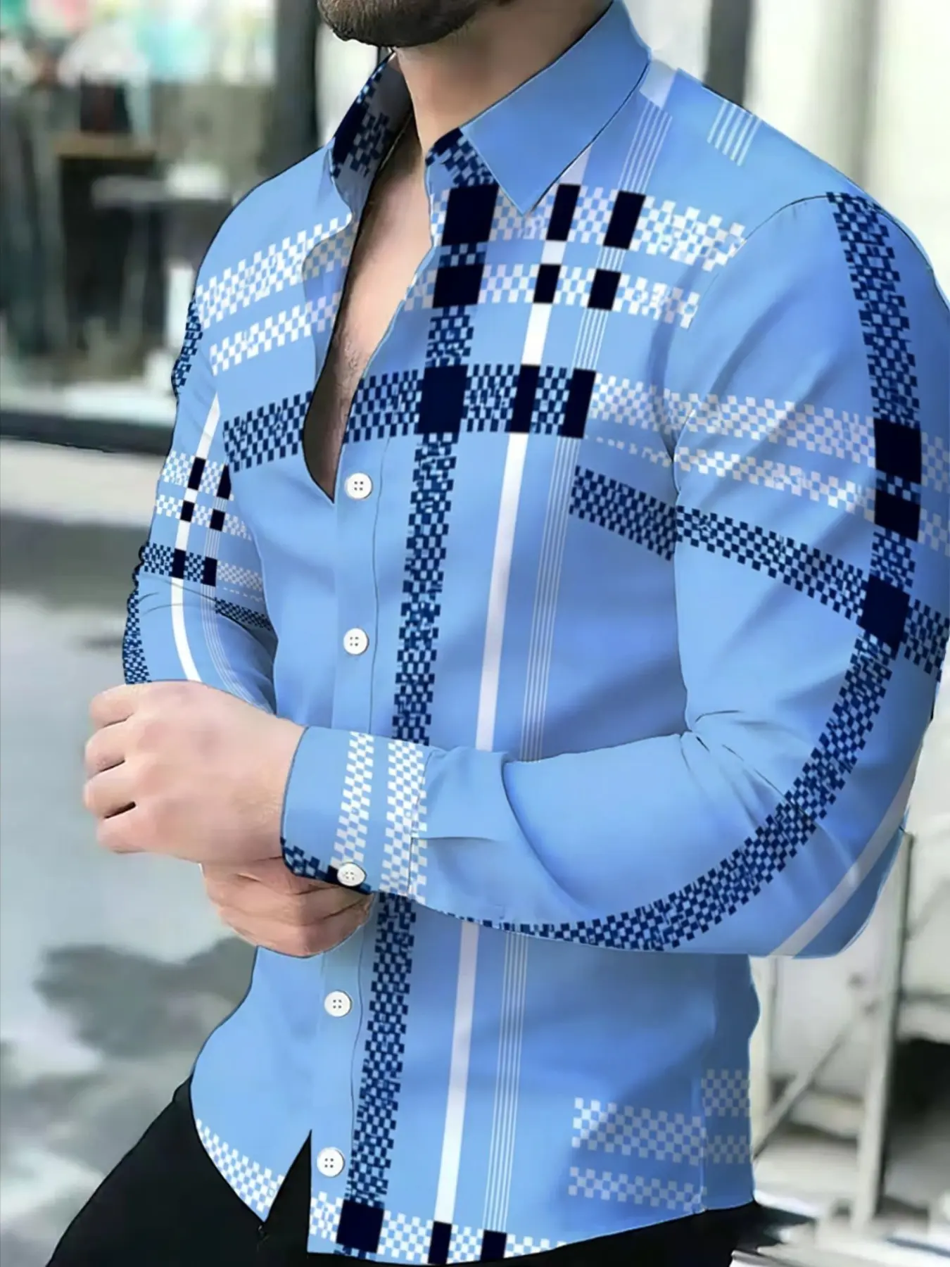 Men's Striped Shirt, Fashion Casual Jacket, Long Sleeve Business Casual Top, Loose-Fitting H Type, Graphic Pattern