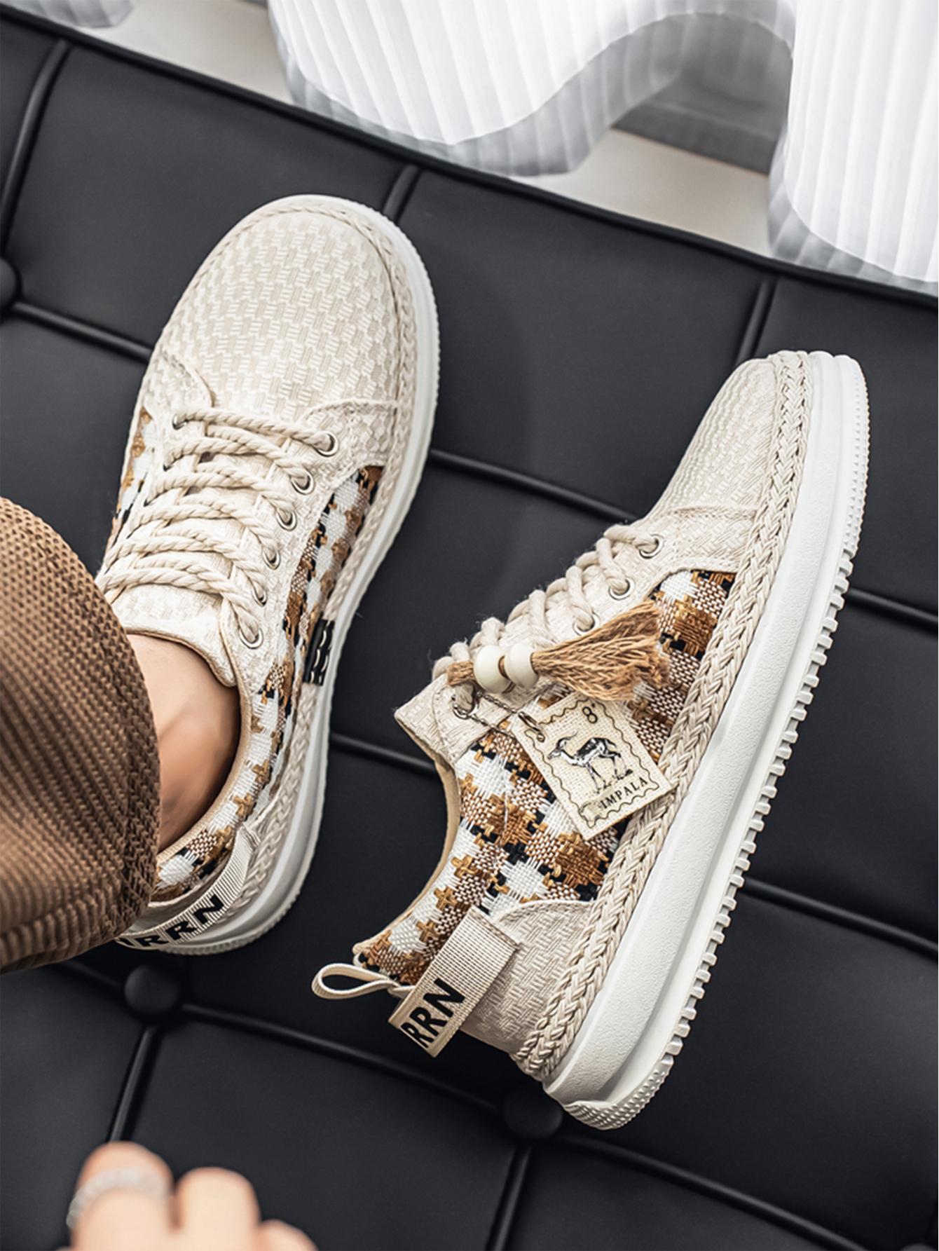 Summer New Men's Retro Plaid Laces, Braided Rope Shoelace Design, Easy-On-Off Hemp Laces, Commuter & Casual Shoes, Versatile Footwear