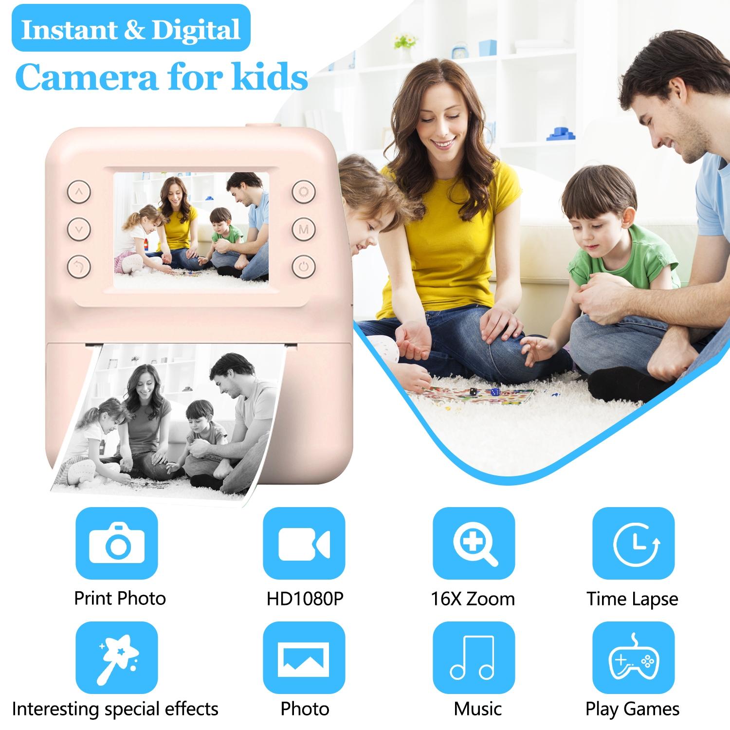 Kids Instant Print Camera 48MP High Definition 1080P Video, 8X Magnification Zoom with Flashlight, 5 Color Photo Filters, 3s/5s/10s Timed Shooting & 3/5 Burst Shooting, Includes 3 Rolls Printing Paper, Great Camera Toy for Kids