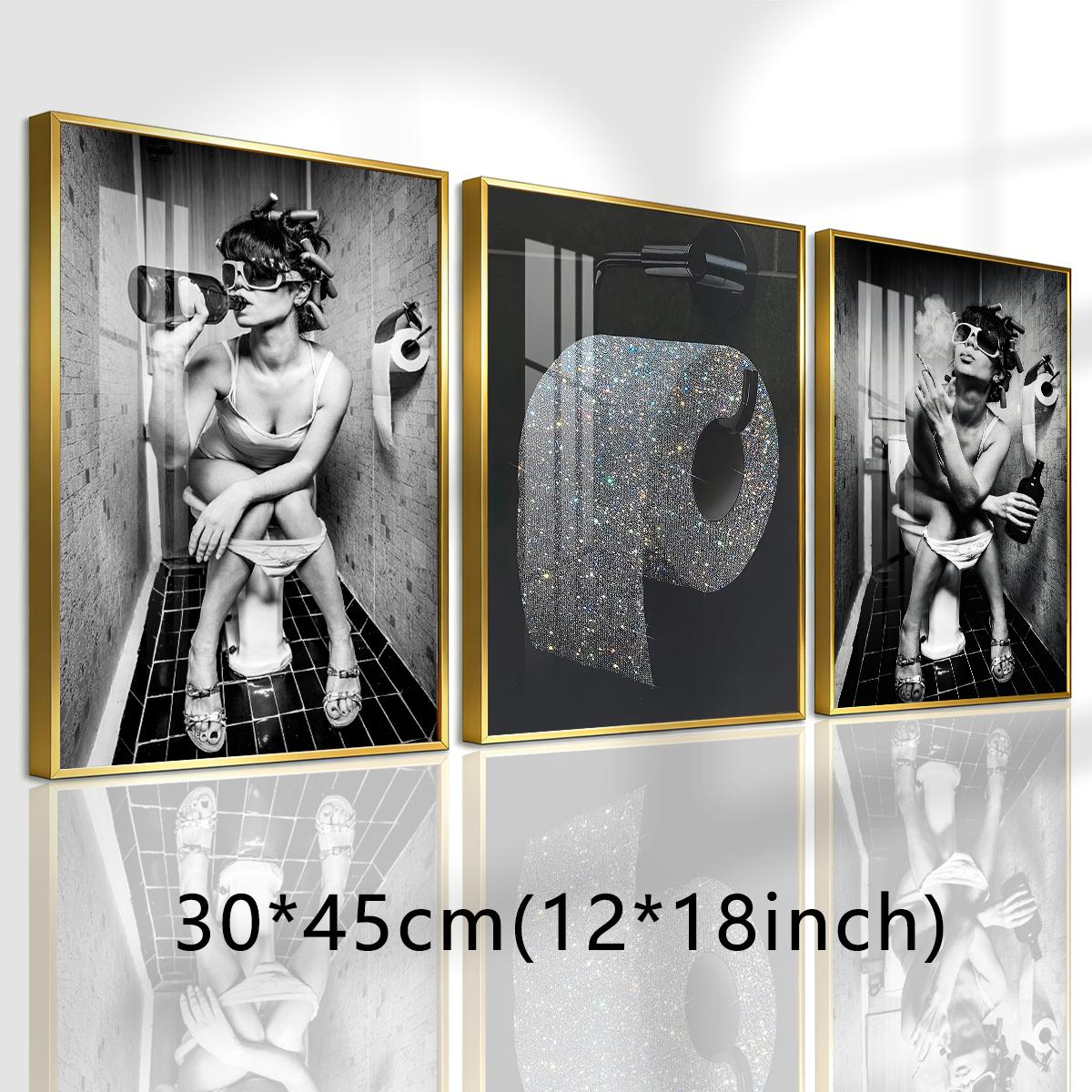 3 Counts Aluminum Alloy Framed Painting, Funny Woman Bathroom Drinking And Smoking Poster, Home Decoration For Living Room, Bedroom, Office, Restaurant, Hallway Wall Decor, Odorless Print Artwork, Luxury Perfect Gift For Friends And Family