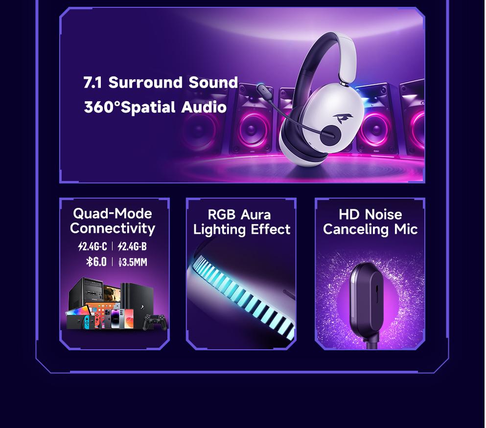 Picun UG-10A Wireless Gaming Headset - 7.1 Surround Sound, -56dB Noise Cancelling, 100H Battery Life, 40mm Drivers, Quad-Mode Connectivity (2.4G/Bluetooth/Wired), RGB Lighting, HD Mic for PC/PS4/PS5 Picun UG-10A Wireless Gaming Headset - 7.1 Surround Sound, -56dB Noise Cancelling, 100H Battery Life, 40mm Drivers, Quad-Mode Connectivity (2.4G/Bluetooth/Wired), RGB Lighting, HD Mic for PC/PS4/PS5