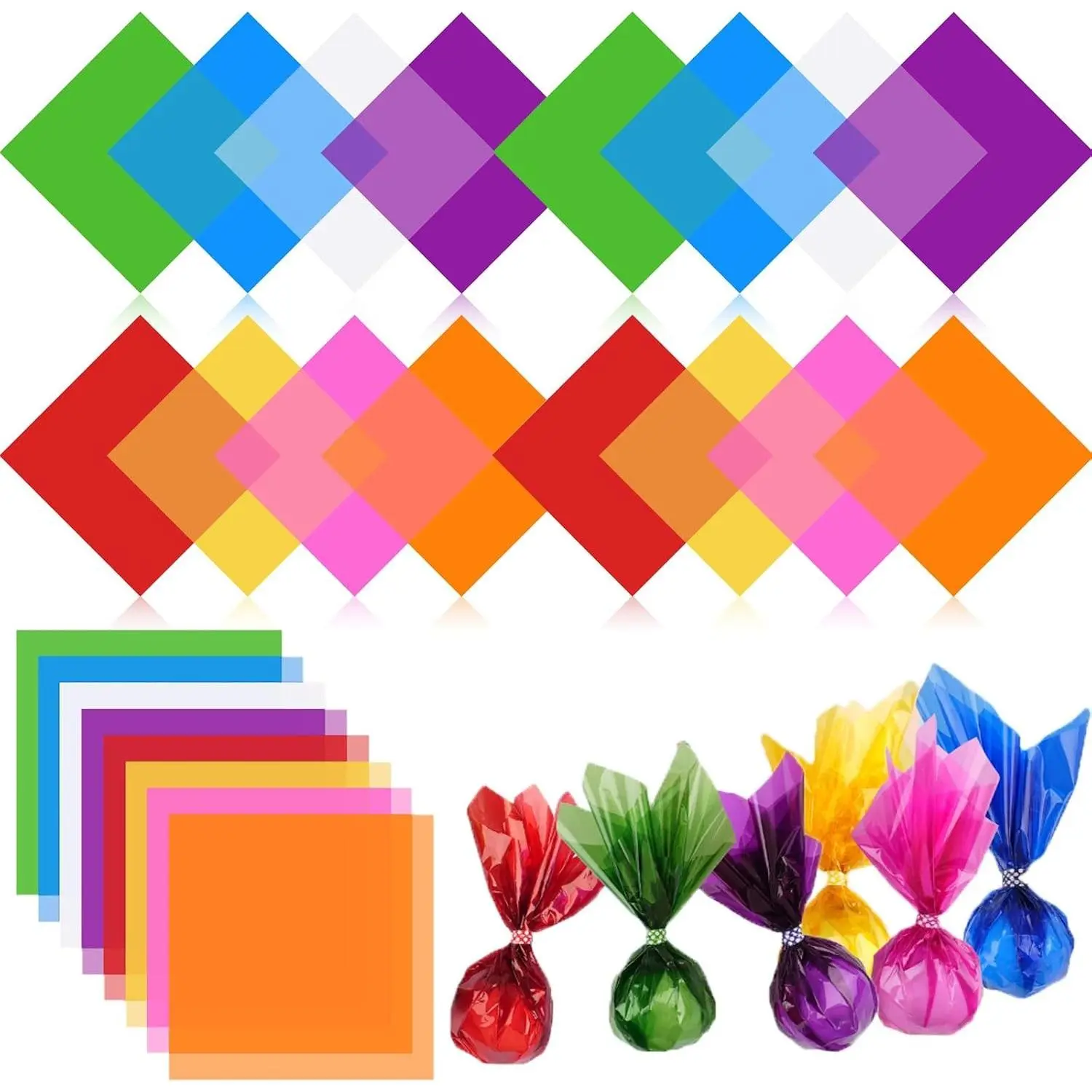 120 PCS Cellophane Sheets, Cello Sheets, Cellophane Paper Sheets, Colored Cellophane Wrap, Transparent Plastic Sheets for DIY Crafts Project, Art, Lights, Window Decoration（7.5x7.5 Inches)