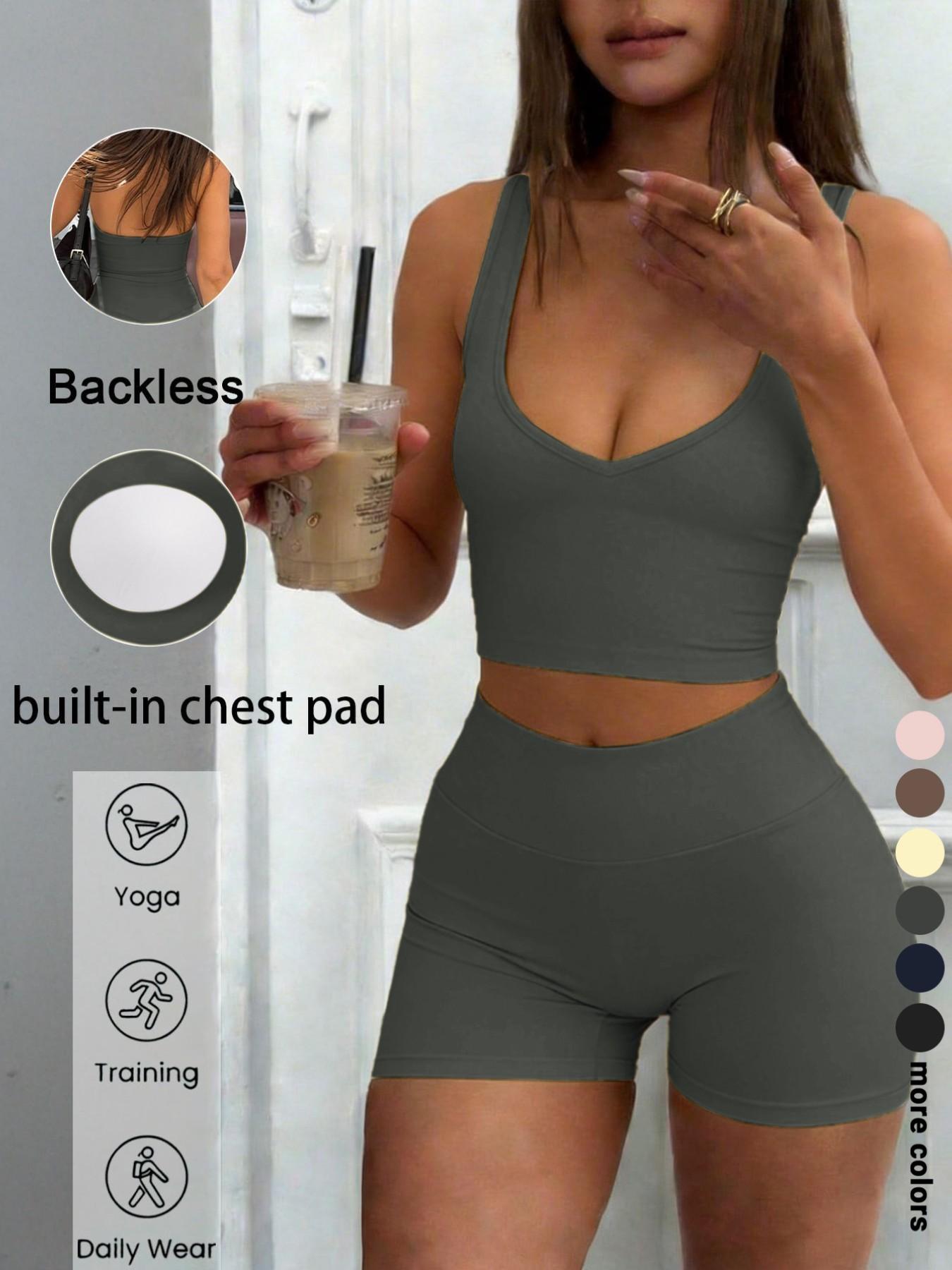 Sexy U-Neck Backless Halter Top Shorts Set, Elastic Comfortable Casual Wear, Perfect for Gym Yoga Running Daily