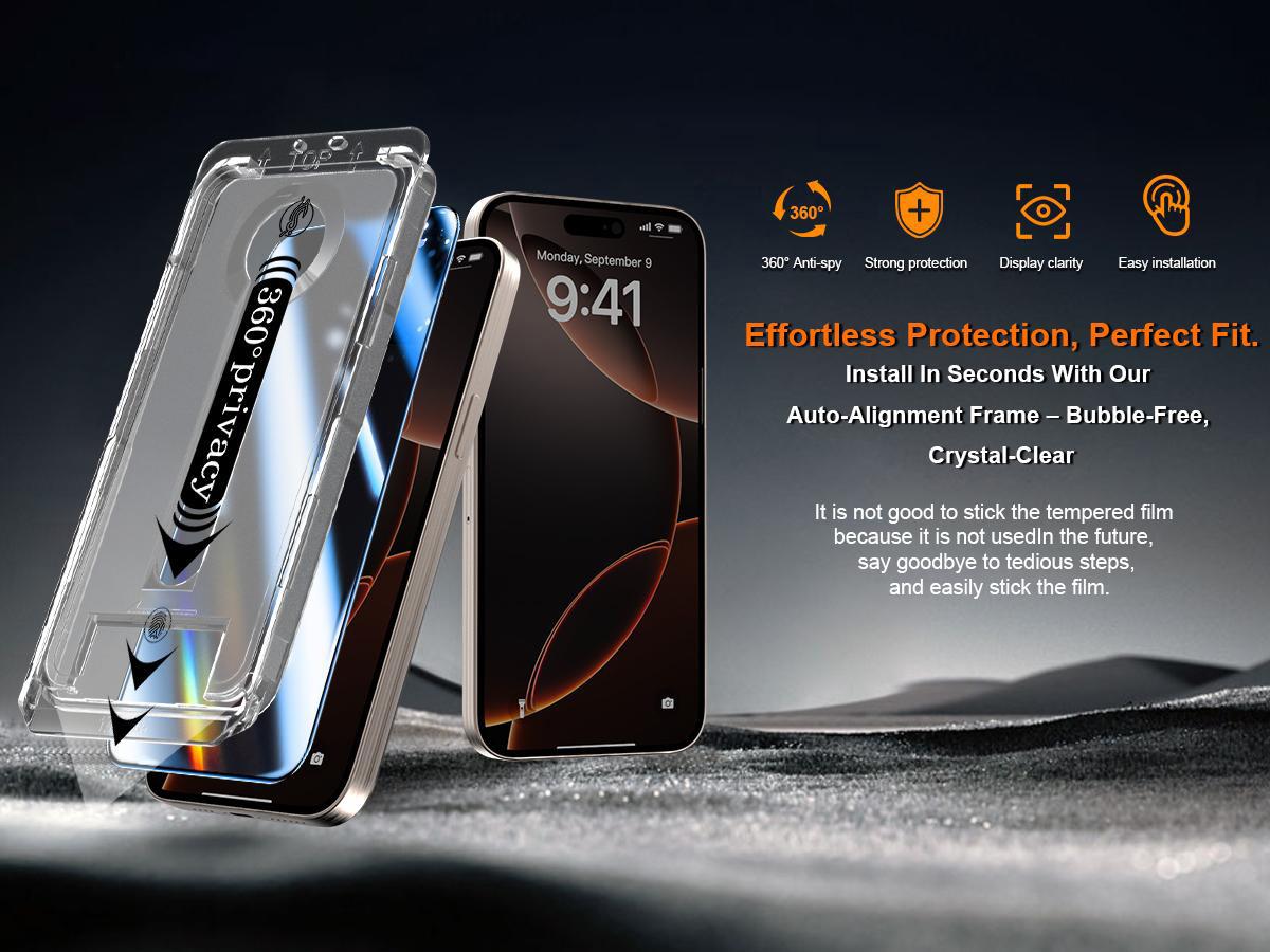 [2-pack] 360 ° privacy screen protector [Four sided privacy protection] Anti peeping tempered film, comprehensive protection, scratch resistant and durable, easy to install, suitable for iPhone 17 Pro Max/16/15/14/13