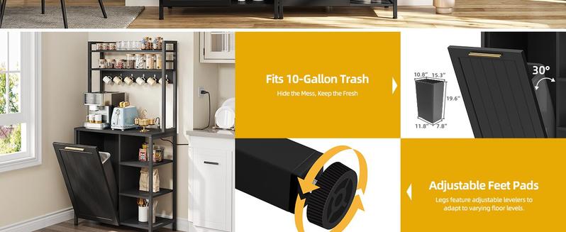 DWVO Bakers Rack with Trash Can Bin Cabinet and Power Outlet, Microwave Stand Cabinet with 6 Hooks, 6-Tiers Farmhouse Kitchen Tall Thickened Coffee Bar Table,Black/White DWVO Bakers Rack with Trash Can Bin Cabinet and Power Outlet, Microwave Stand Cabinet with 6 Hooks, 6-Tiers Farmhouse Kitchen Tall Thickened Coffee Bar Table,Black/White