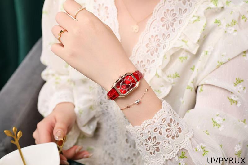 2026 Retro Square Women's Watch | Green & Red Leather Strap, Vintage Style