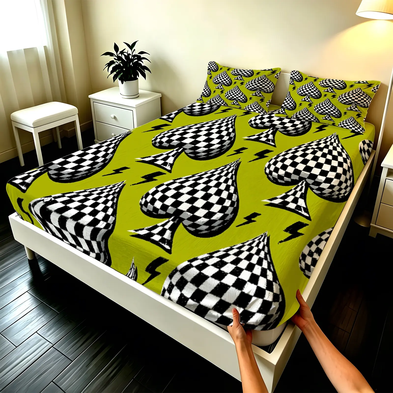 3pcs Fitted sheet Checkerboard Spade Print Lime Green Set, Soft Microfiber Breathable Wrinkle Resistant Fade Proof Comfortable Bed Sheet Set for Bedroom Guest Room Home, Fits Twin Full Queen King Size Bed Linens