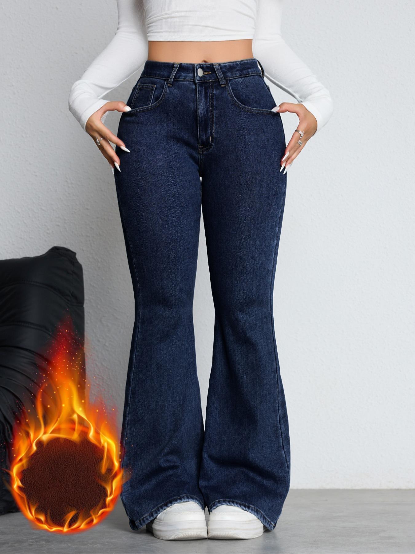 Women's Fleece Lined Thick Denim Flare Pants, Woven Comfortable Winter Fashion Jeans, Elegant Plain Design, All Seasons Wear
