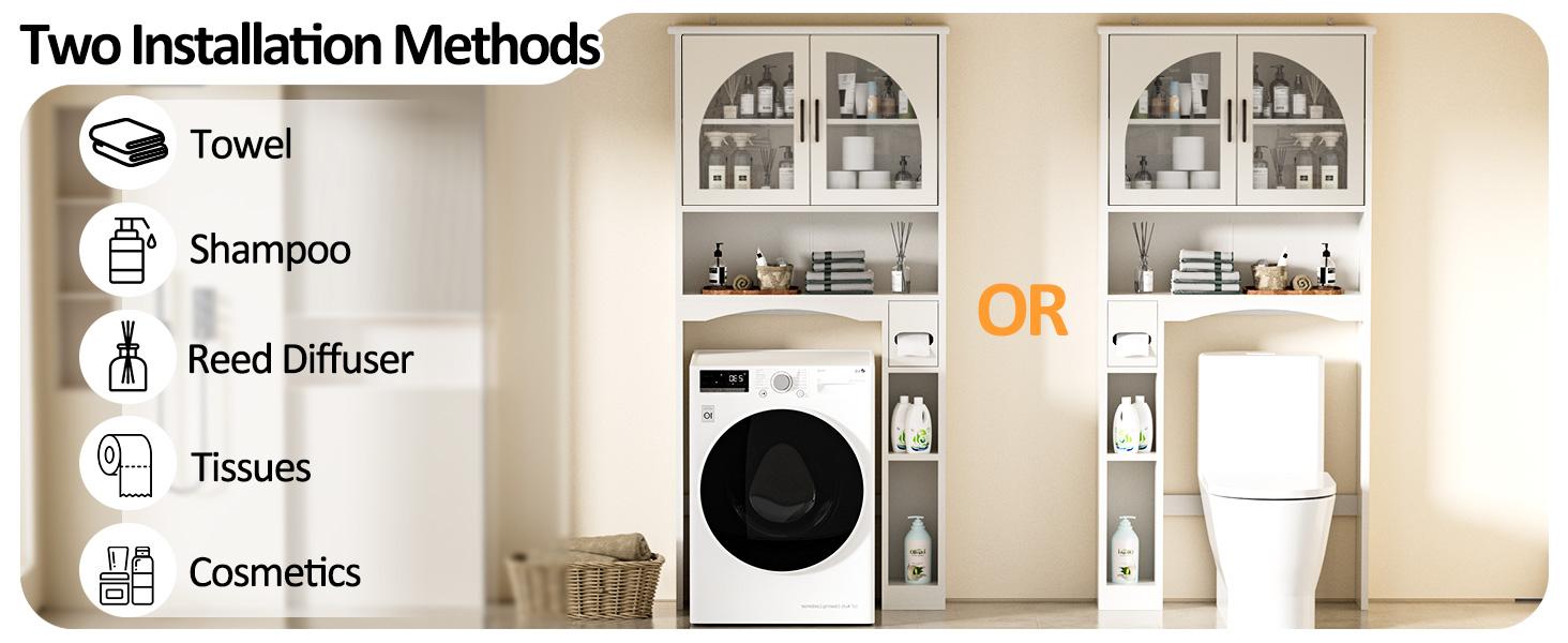 AHB Over The Toilet Storage Cabinet, Bathroom Space Saver Above Washer with Anti-Tip Device, Over Toilet Bathroom Organizers with Adjustable Shelf and Glass Doors
