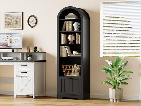 HOOBRO 71" Tall Arched Bookshelf, 6-Tier Narrow Arched Bookcase with File Drawer, Farmhouse BookShelf with Adjustable Shelves, Wooden Bookshelf with Open Display Shelves for Living Room, Office, Black