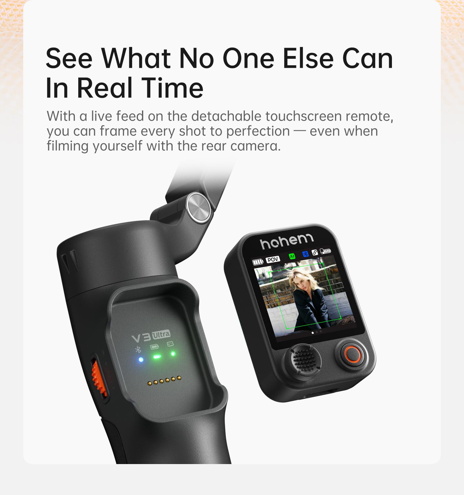 hohem iSteady V3 Ultra NEW Gimbal,Detachable Touchscreen Remote,Advanced AI Tracking with any App,360° Infinite Pan Tracking,Select People&Obeject on Touchscreen to Track,3-Color Fill Light,3-Axis Stabilization