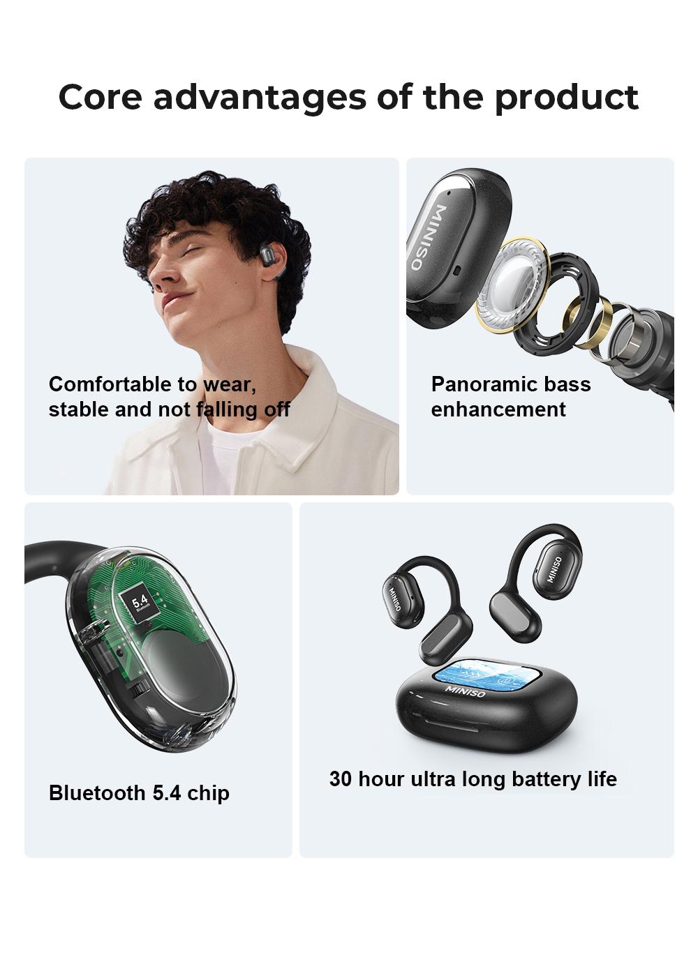 MINISO X30 OWS Open Ear Bluetooth Earbuds HIFI Sound Quality IPX5 Waterprooof Wireless Headphones Touch Control Built-in Mic Hearphones