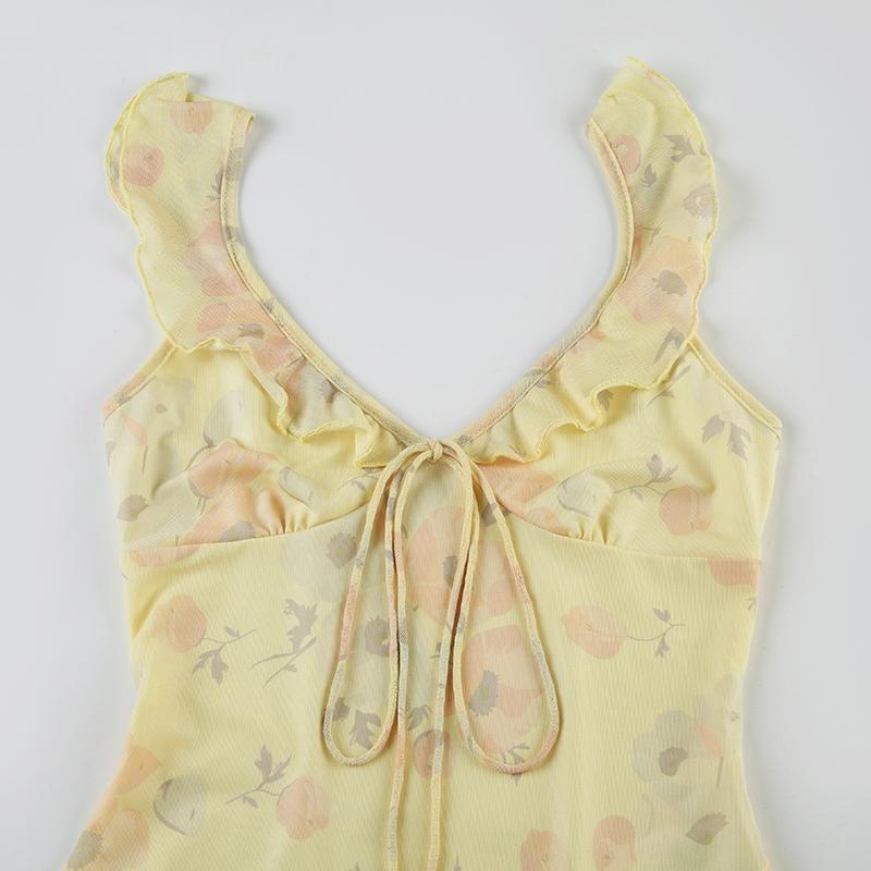 Women's Floral Print Ruffle Hem Long Dress Y2K Style Slim Fit Beach Vacation Retro Bodycon Tank Dress Spring Summer Bohemian