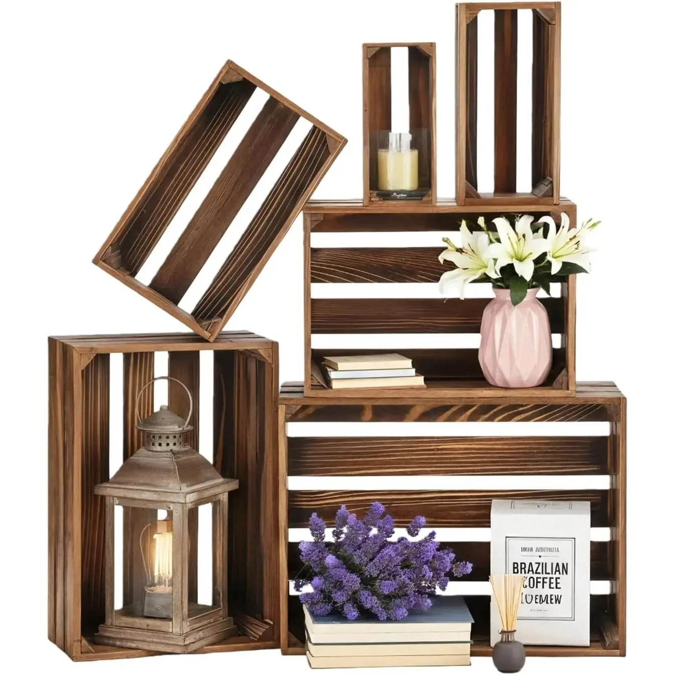 Set of 6 Decorative Wood Crates for Display, 6 Size Farmhouse Wooden Baskets Rustic Nesting Crates Decor Boxes with Handle for Storage, Container, Display, Christmas Decorations