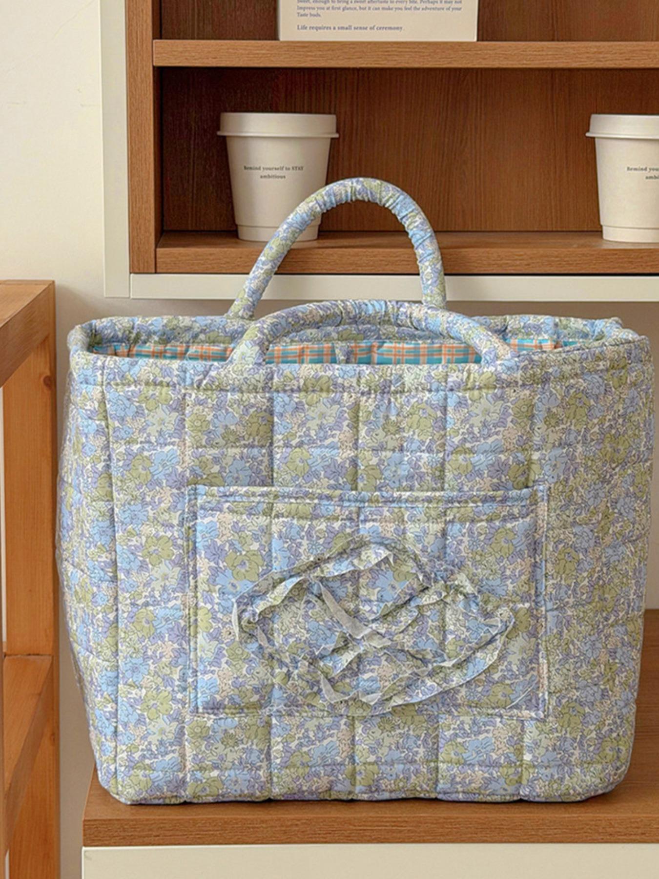 Large capacity floral quilted storage basket with plaid lining and multi-purpose organizer to store makeup, toiletries and daily essentials, perfect for bedrooms, bathrooms, offices and travel