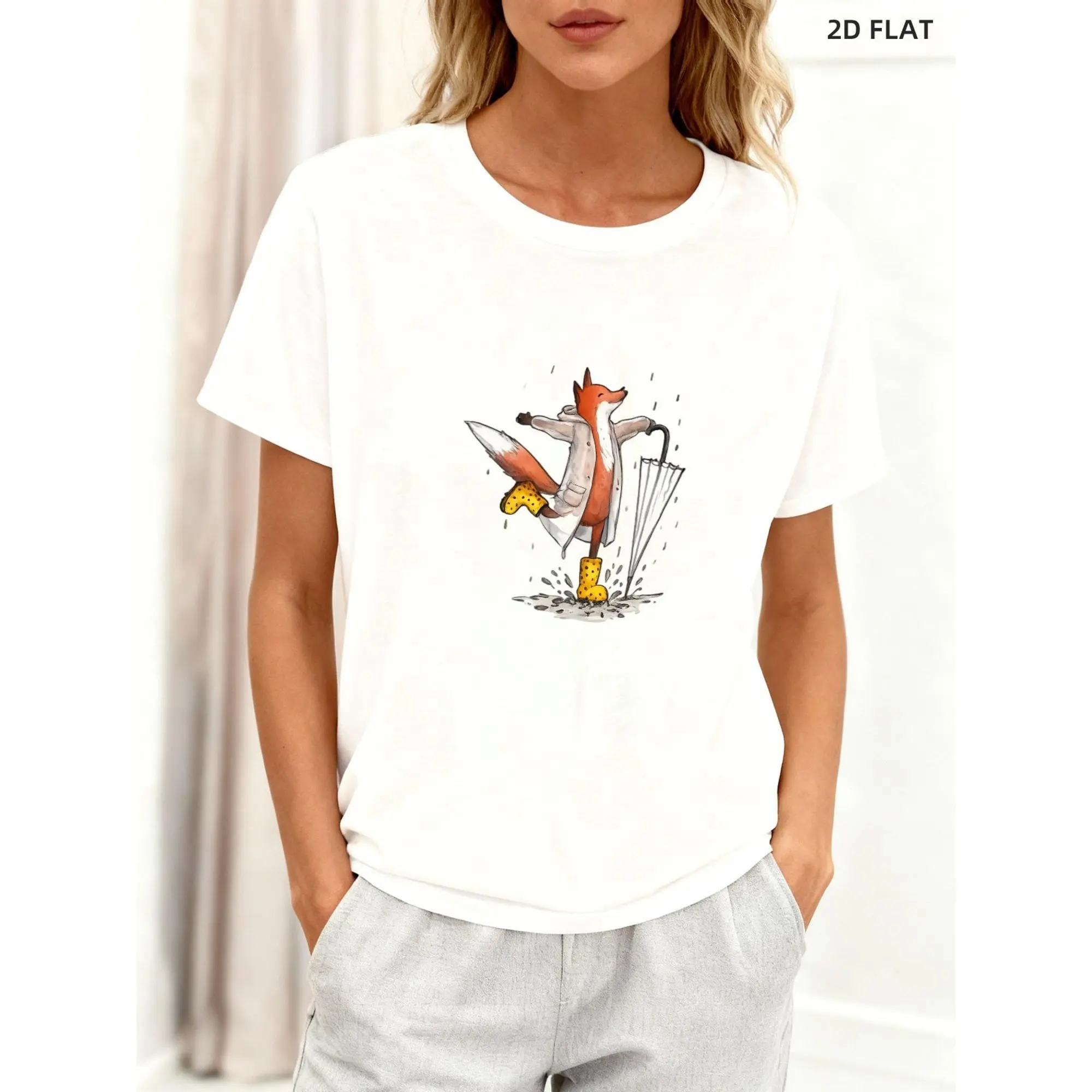 Women's Crew Neck Short Sleeve T-Shirt - All Season, Lightweight, Playful Red Fox Graphic Print, Machine Washable, Casual Top with Multiple Specifications for Casual Outings, Relaxing At Home
