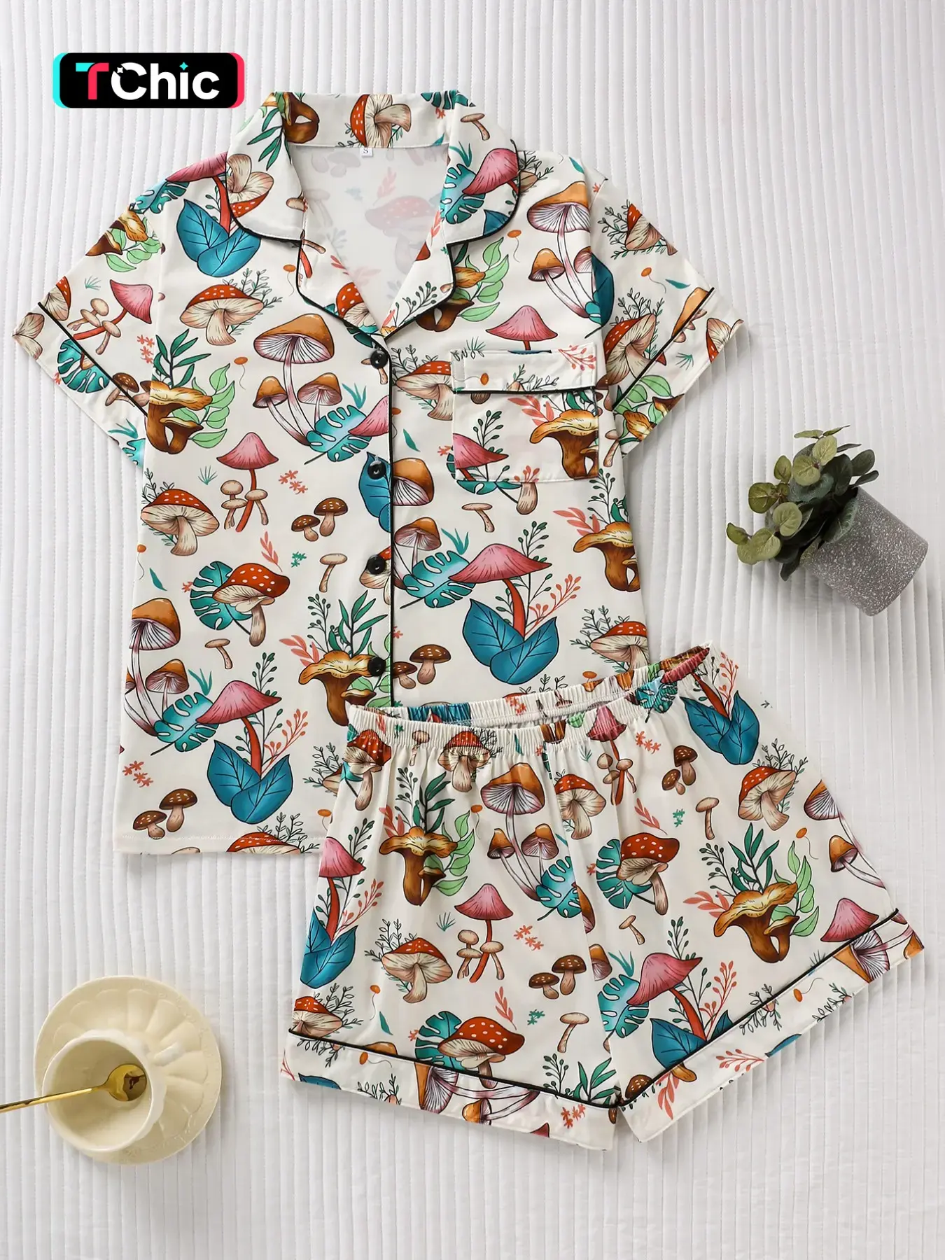 Women's Mushroom & Forest Plant Print Pajama Set, Loungewear Pjs Set, Pyjamas, Cute Fitted Short Sleeve Top and Comfortable Shorts, All Seasons Sleepwear