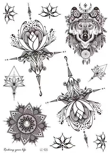 3 Pieces/Lot Unique Sexy Black Temporary Tattoo Stickers For Women Adults Feather Mandala Flower Body Art Large Big Arm Temp Tattoo Sheet Lace Indian Bridal Wedding Tatoo Dreamcatcher Paper OWL Water Proof Henna Stencils Henna Pen