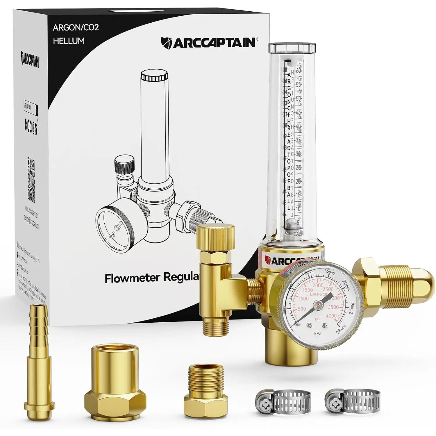 Argon/CO2/Helium Regulator, MIG and TIG Flow Meter Gas Regulator Gauge Weld, 0-4000 PSI, 0-180+ CFH, CGA580 Inlet Connection