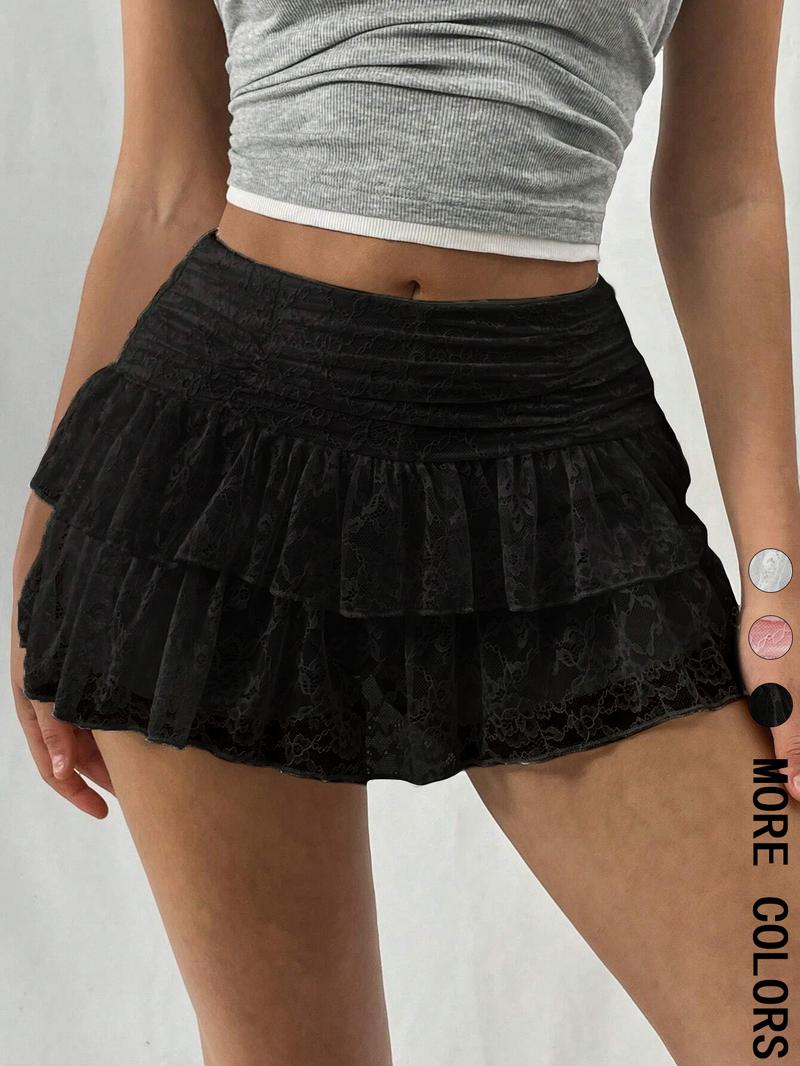 Women's Solid Lace Tiered Layer Skorts, Casual Sexy 2 in 1 Skirt for Summer, Women's Bottoms for Daily Wear, Skirtswomen, Tennis Ruffle Trim Casual Sporty Athletic White Skort, Lightweight Athletic Skirts, Casual Comfy Skorts, Breathable Skorts