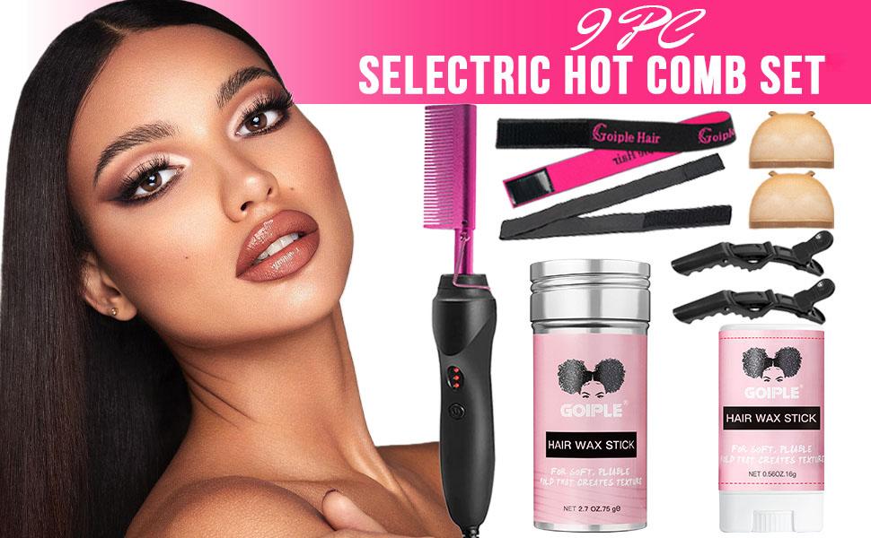 9 Count Hot Comb Set Pink Electric Hair Straightener and Curling Iron for Natural Black Hair Wigs Straightening Bristle Super Sleek Smooth