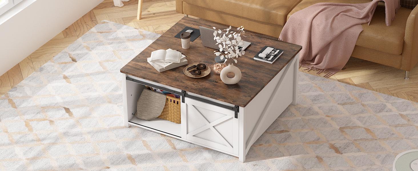 PUKAMI Lift Top Coffee Table with Storage, 31.5" Farmhouse Coffee Table for Living Room, Square Coffee Tables with Large Hidden Storage and Sliding Barn Doors