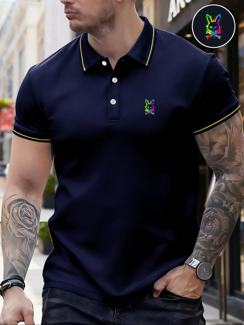 Men's Classic Fashion Casual Comfortable Micro-Elastic Straight Tube Polo Shirt, Trim Design, Rabbit Print, Outdoor Sports Polo