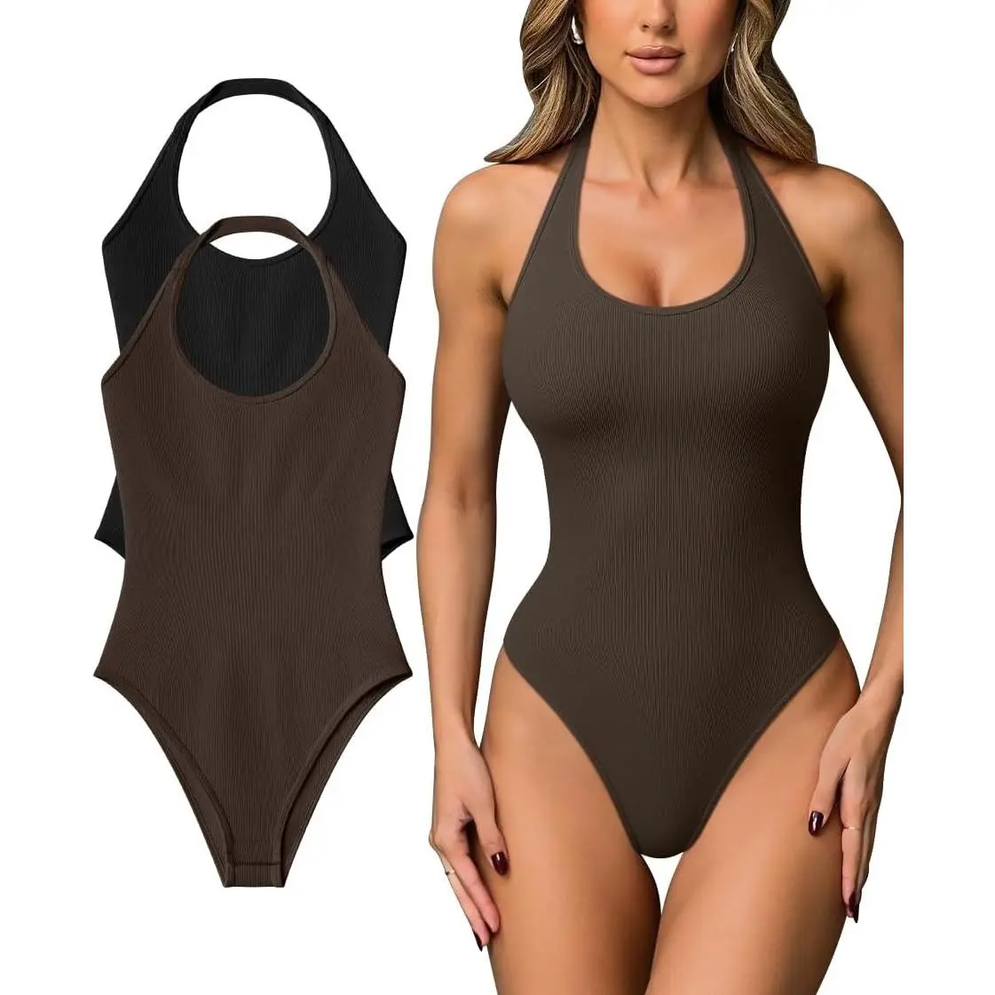 Women's Halter Neck Sleeveless Bodysuits 2 Pack Shapewear One-Piece Leotard Tops for Going OutGift