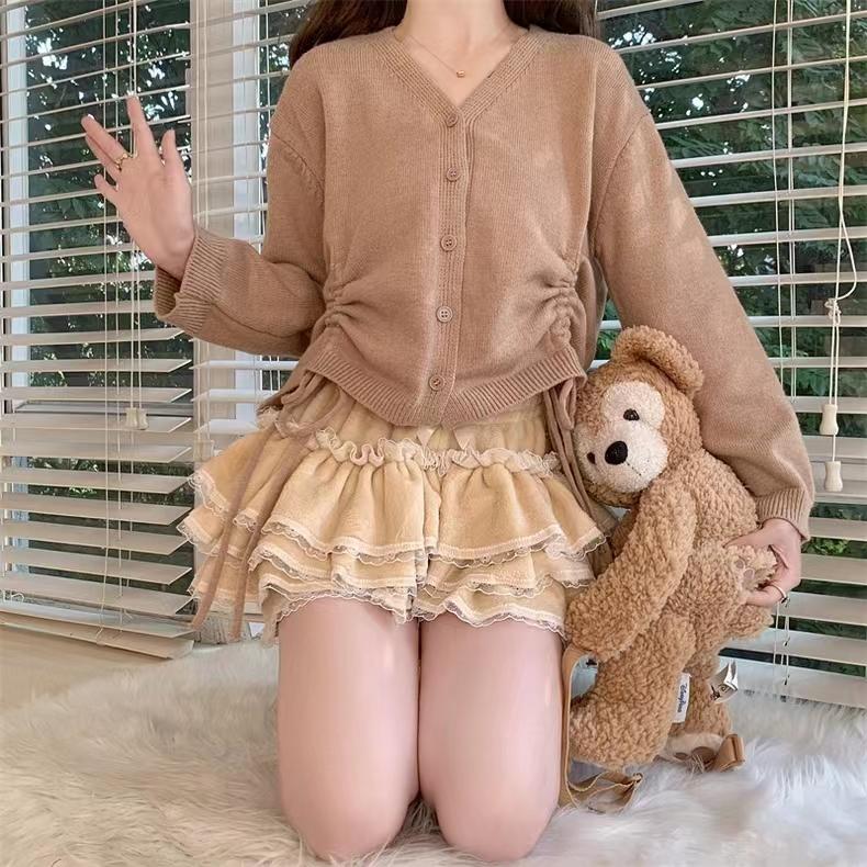 Autumn Winter Warm Lolita Safety Short Pants Women Sweet Chic Plush Bloomers Japanese Y2k Lace Bow Knickers Harajuku Cute Shorts