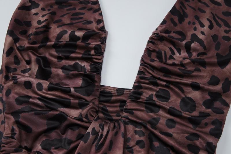 Women Summer Sexy Halter V Neck Backless Leopard Print Bodycon Party Club Evening Long Dress