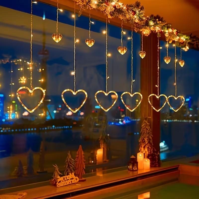 Valentine's Day LED Heart Curtain Light, Hanging Romantic Atmosphere Lamp for Bedroom Living Room Proposal Holiday Party Decoration, LED Lights