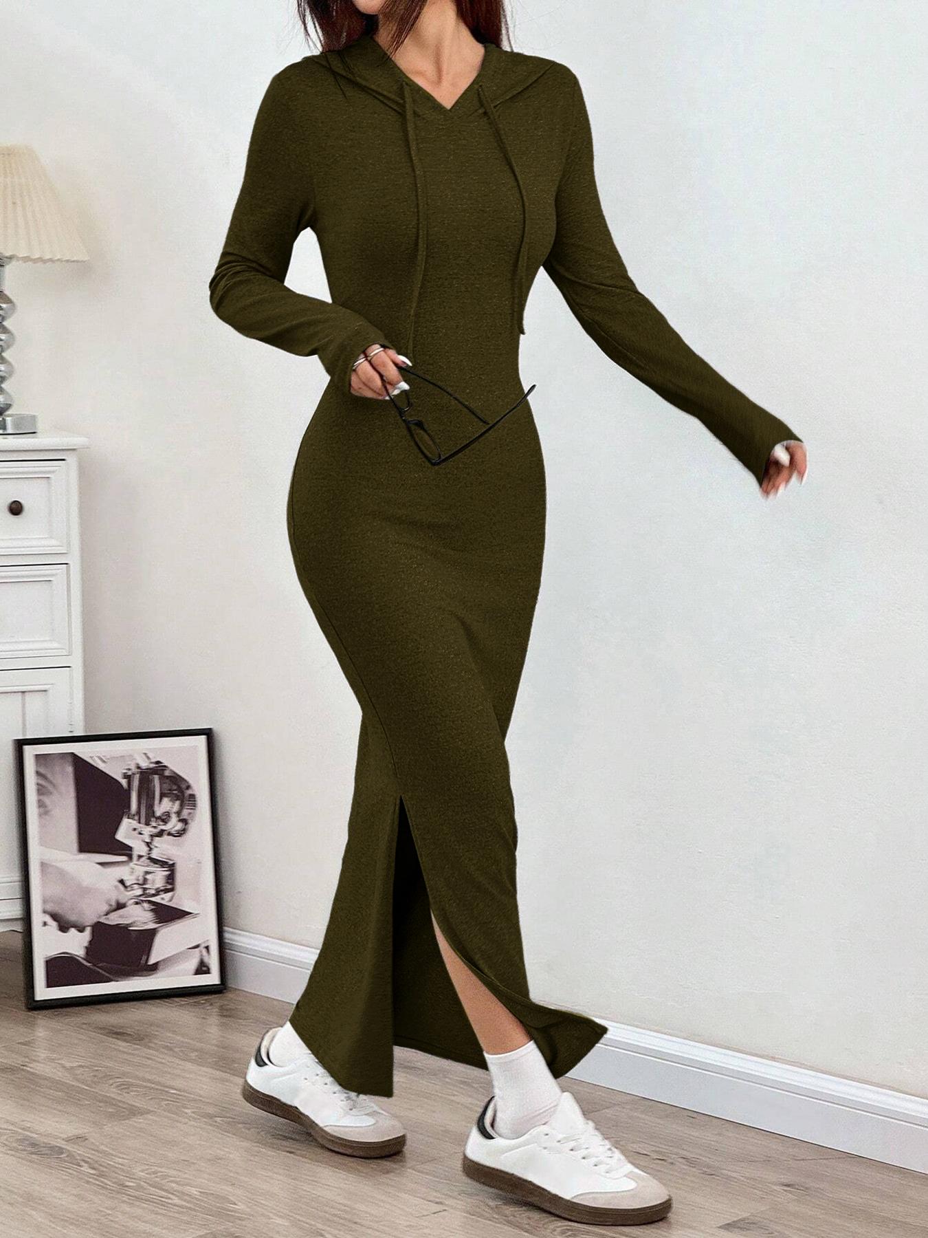 Women's Hooded Slim-Fit Long-Sleeve Knit Dress with Drawstring, Ladies' Casual Fall and Winter Fashion Dress for Daily Wear