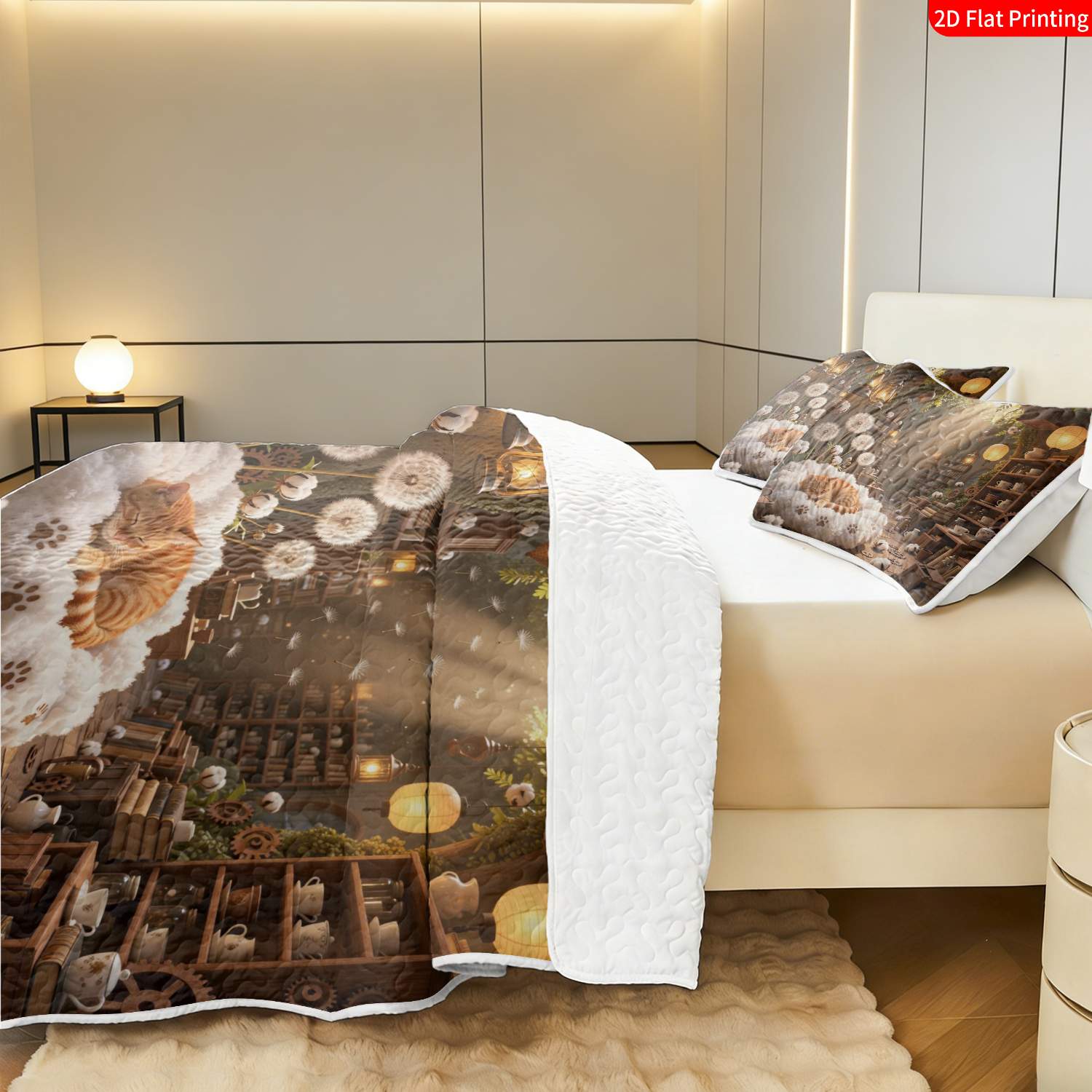 3 pcs, 2D flat print Cozy Cottagecore bed cover set Whimsical Cat & Dandelion, multiple sizes available, bedding set, festive decorative bedding, ideal for bedroom decor(1 bedspread , 2 pillowcases)