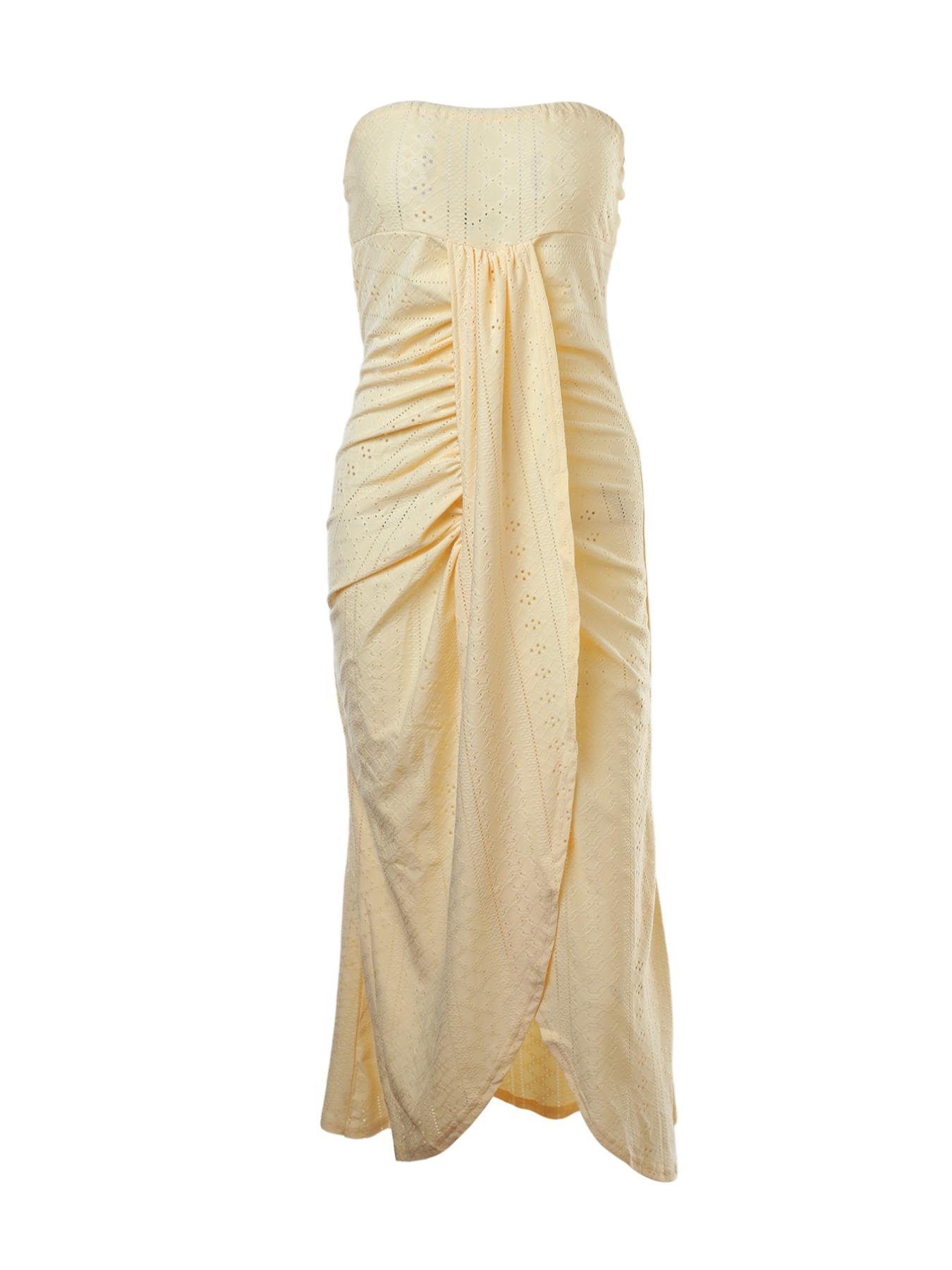 Women's Plain Eyelet Embroidery Ruched Split Thigh Tube Dress, Casual Strapless Sleeveless Long Dress for Summer, Women's Clothing for Beach Holiday, Womenswear, Lady