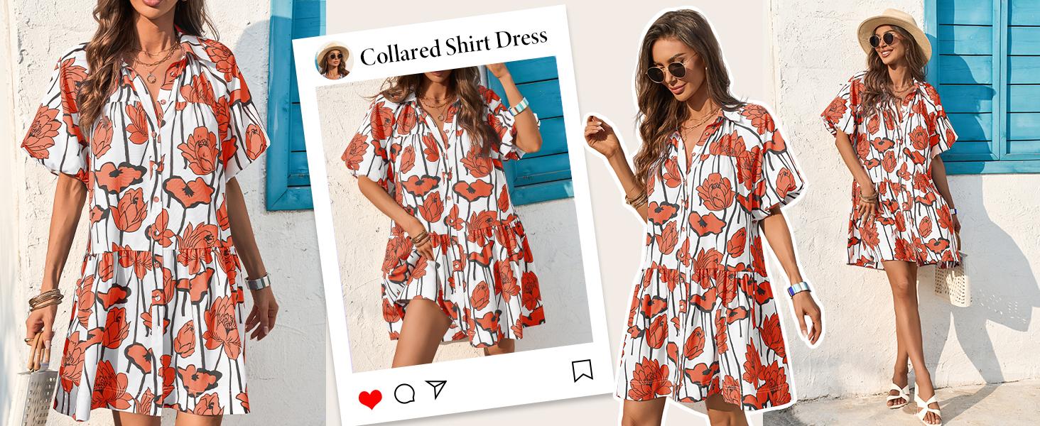 Wenrine Women's Summer Button Down Shirt Dress Floral Puff Short Sleeve Casual Loose Fit Beach Mini Dresses Wenrine Women's Summer Button Down Shirt Dress Floral Puff Short Sleeve Casual Loose Fit Beach Mini Dresses