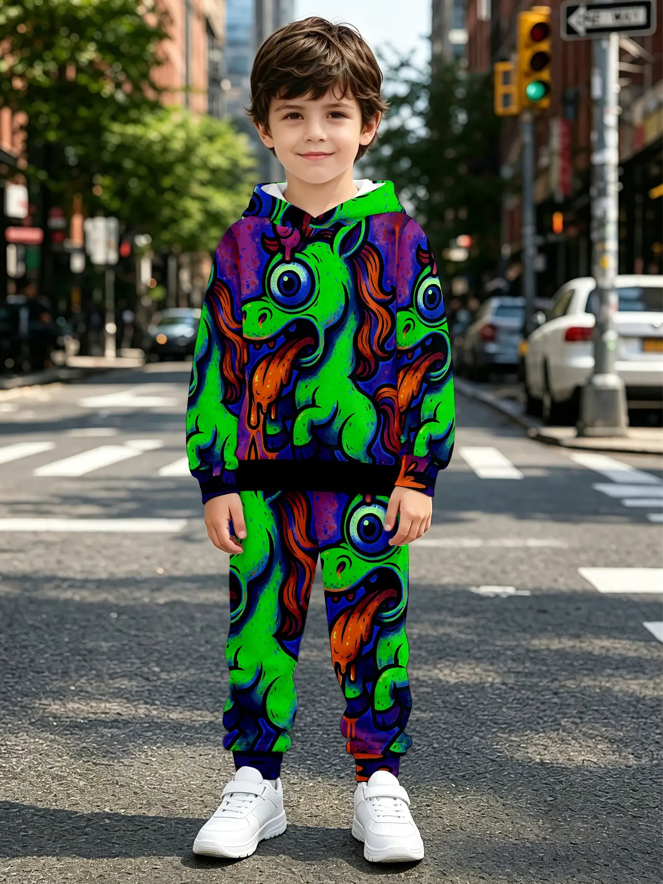 Halloween Costume Set, Zombie Unicorn Graffiti Print Hoodie and Pants, Long Sleeve Loose-Fit Casual Suit