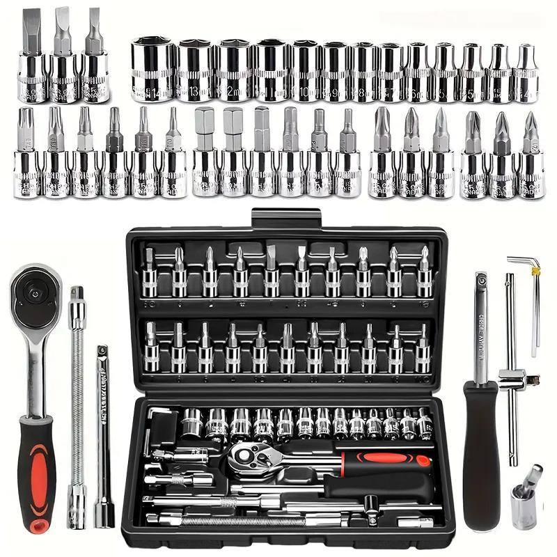 46Pcs Wrench Set with Socket Kit, manual toolboxes for car and mechanical maintenance, Includes Ratchet Set, Storage Case, Drill Socket & Extension - Durable Stainless Steel Tools for Home and Auto Repair
