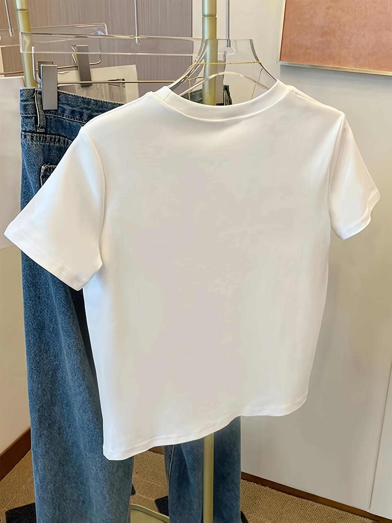 Women's Fashion Butterfly Sequins Detail Tee, Casual Style Short Sleeve Round Neck Top, Comfortable Elastic Geometric Pattern Shirt