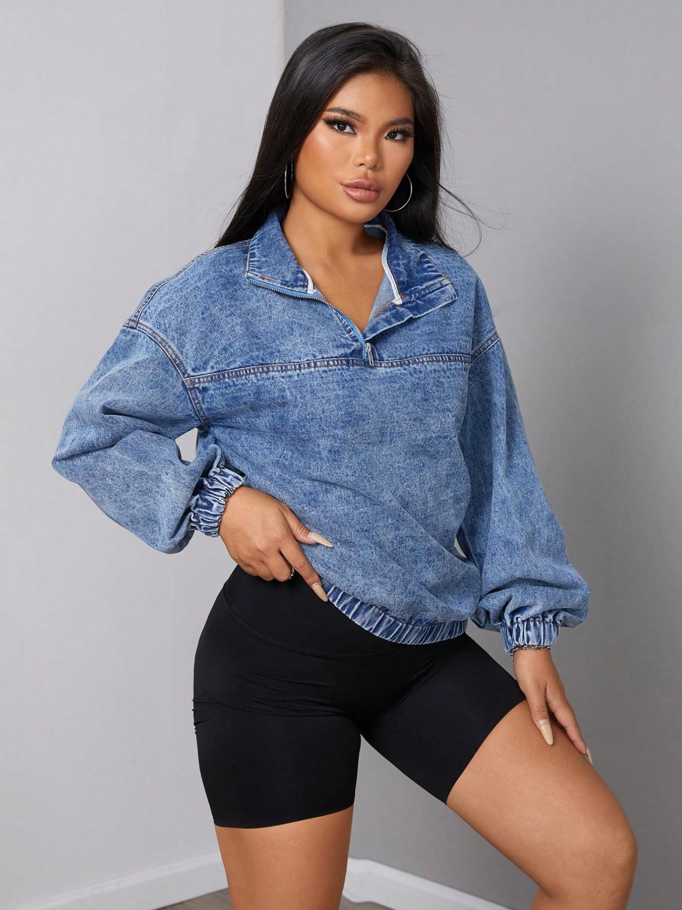 Women's Denim Jacket with Half Zipper and Standing Collar, Loose Fit Drop Shoulder Long Sleeve Top, Washed Vintage Pullover Casual Fashionable Stylish Outerwear Coats