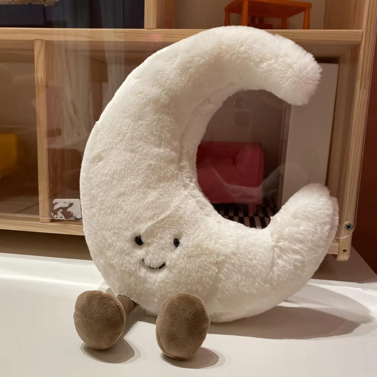 Adorable Smile Face White Moon Yellow Sun Plushie Stuffed Cute Cartoon Weather Plush Toy for Kid Bedroom Decor Sofa Throw Pillow